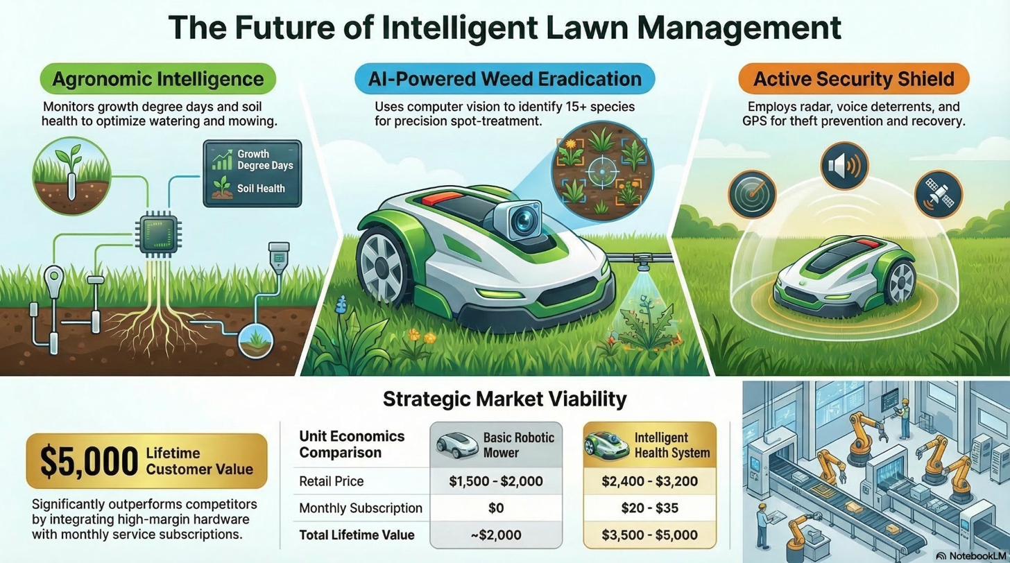 The future of intelligent lawn management — LawnSentinel agronomic intelligence tracking growth degree days and soil health, AI-powered weed eradication using computer vision, active security shield with radar and GPS, strategic market viability showing $5,000 lifetime customer value