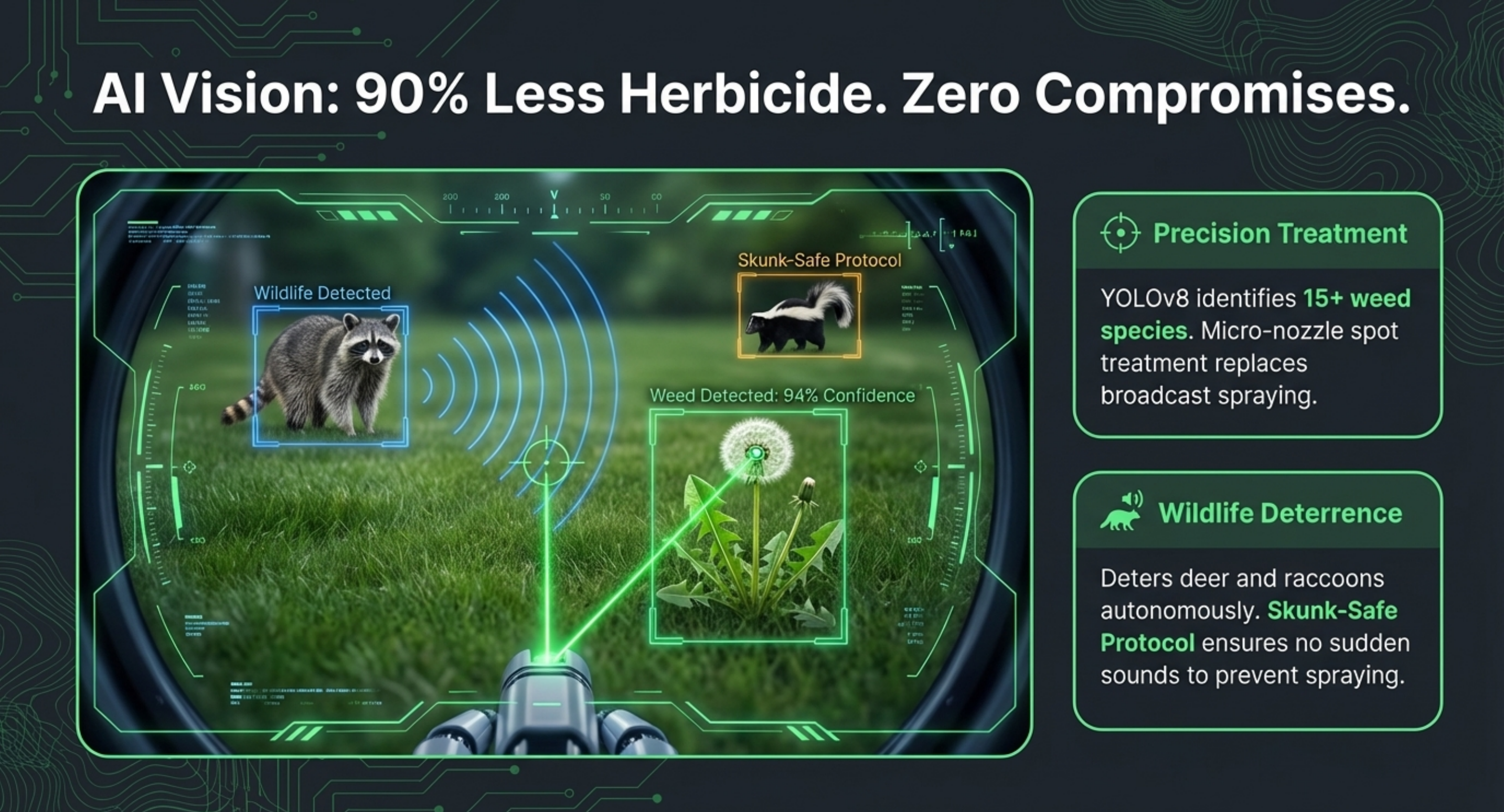 LawnSentinel AI vision: YOLOv8 computer vision identifies weed at 94% confidence and fires precision micro-nozzle. Wildlife AI detects raccoon and skunk — Skunk-Safe Protocol prevents sudden sounds to avoid defensive spray
