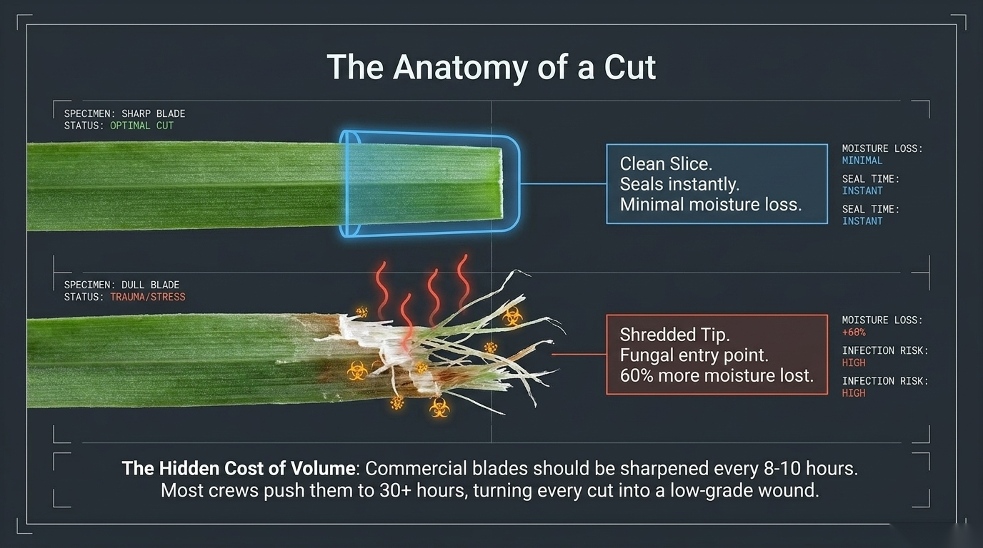 The anatomy of a cut: a sharp blade slices cleanly and seals the tip, a dull blade shreds it — 60% more moisture loss and a fungal entry point
