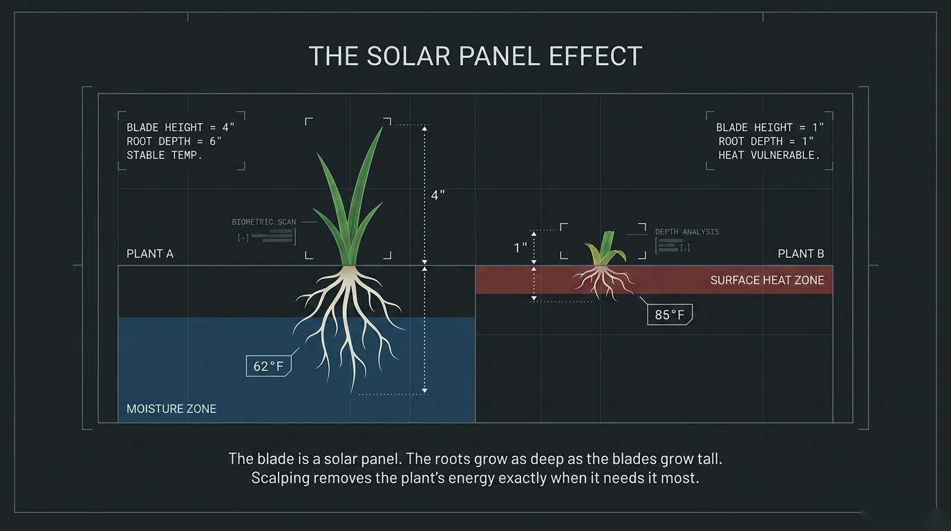 The solar panel effect: taller grass blades grow deeper roots and shade the soil, while scalped grass exposes the surface to heat