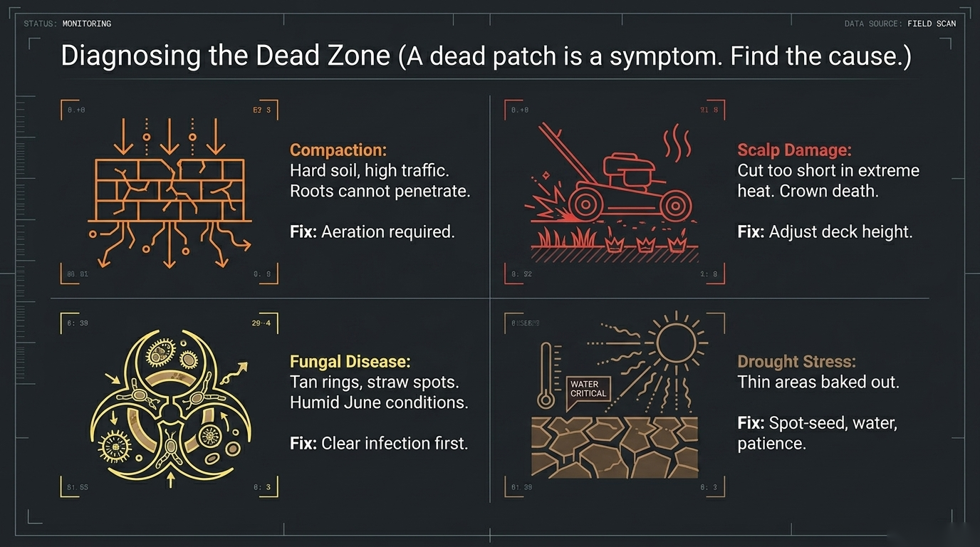 Diagnosing a dead zone: compaction, scalp damage, fungal disease, and drought stress — the four common causes and their fixes