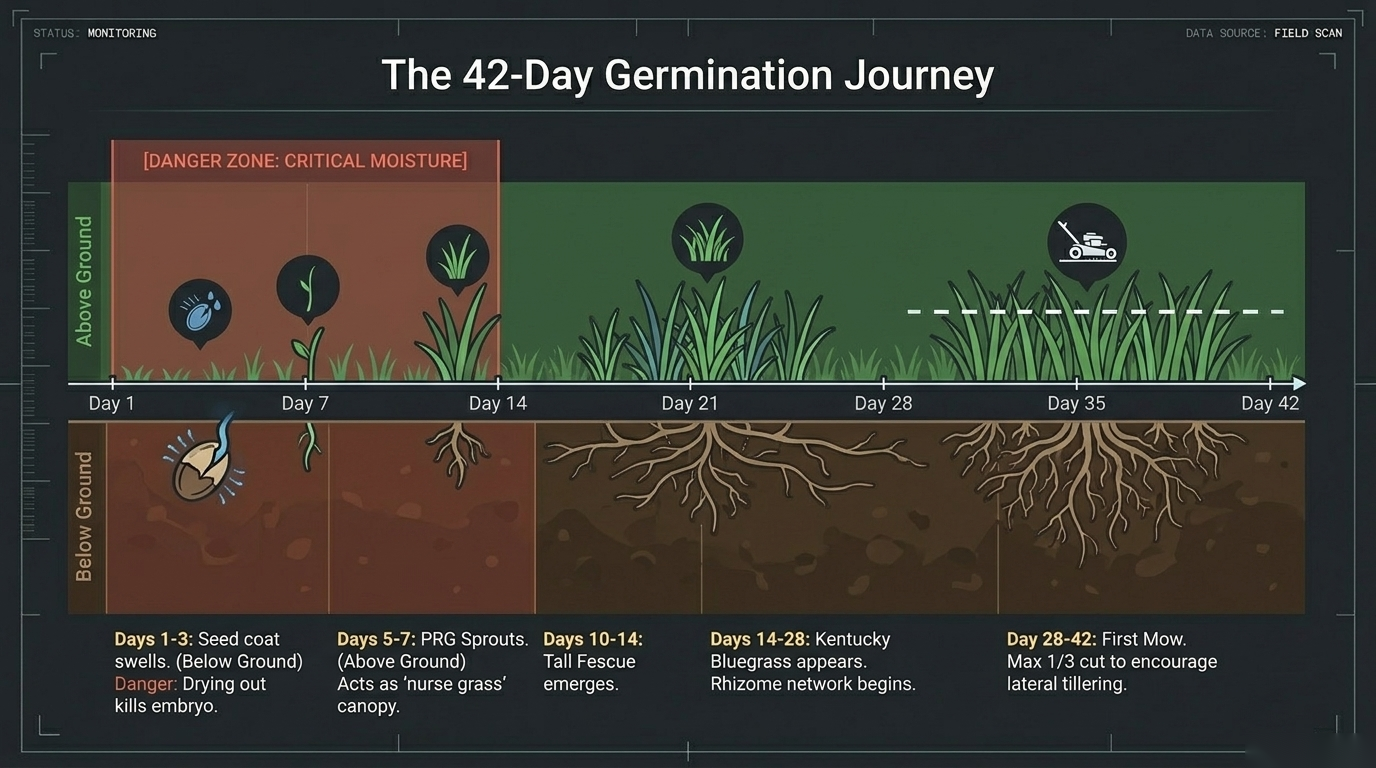 The 42-day grass seed germination journey: from seed absorbing water to first mow, day by day