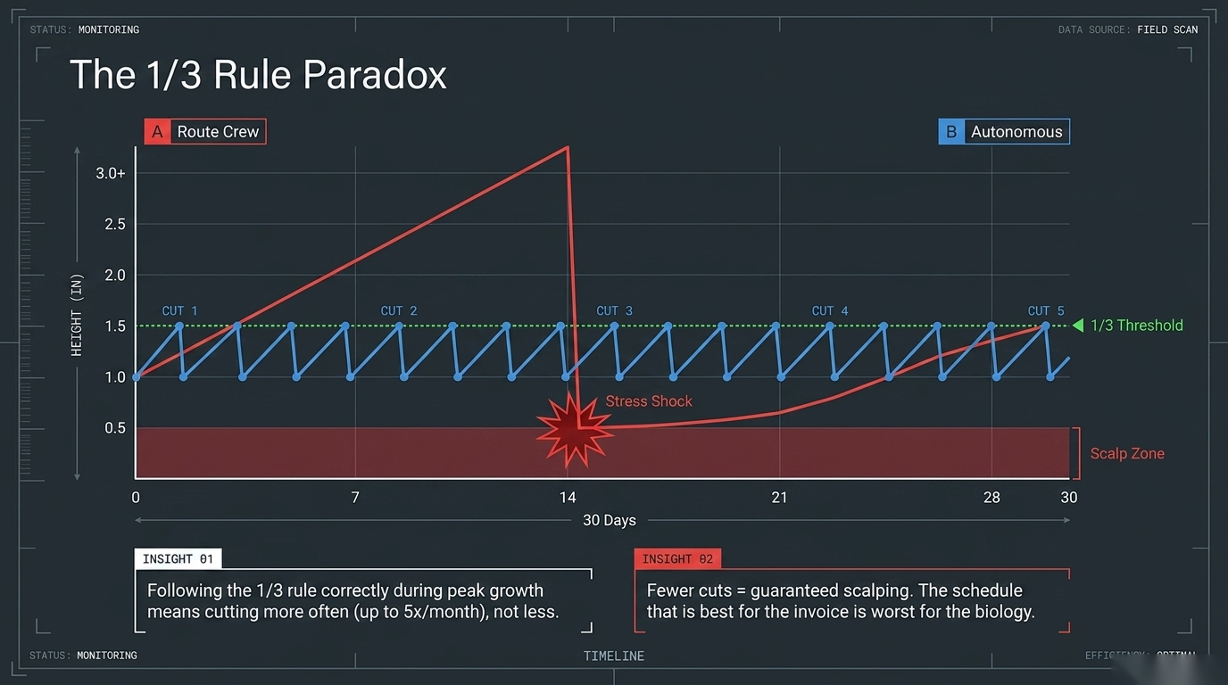 The 1/3 rule paradox: a route crew cutting infrequently scalps the lawn into the stress zone, while cutting at the right threshold keeps it healthy